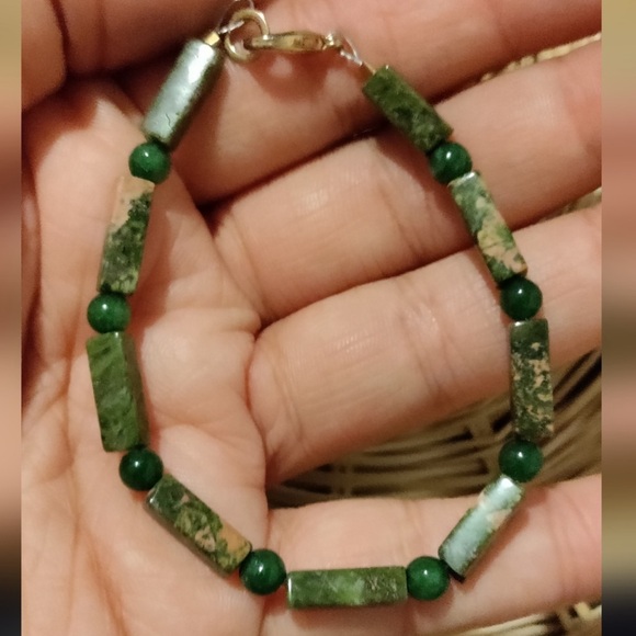 3/$15 Semiprecious bracelet Unakite & Jade green, pink rectangular  beads  7” - Picture 1 of 3